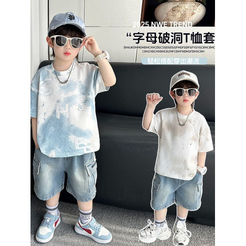 男童夏裝短袖套裝2025新款酷帥氣兒童T恤夏季小男孩牛仔短褲衣服