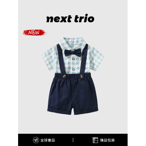 英國Next男童套裝夏2025新款格子襯衫短袖背帶褲紳士周嵗男寶禮服