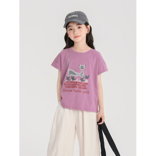 布丁哈魯童裝夏裝女童圓領短袖2025夏季新款兒童洋氣涼感半袖T恤