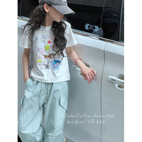 孫小美kids 飄帶蝴蝶結女童短袖T恤2025新款夏裝兒童短款上衣半袖