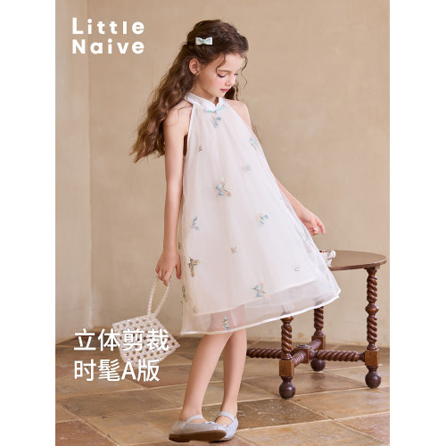 Little Naive兒童連衣裙夏季新款綉花旗袍裙女童新中式掛脖網紗裙