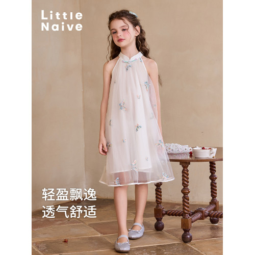 Little Naive兒童連衣裙夏季新款綉花旗袍裙女童新中式掛脖網紗裙