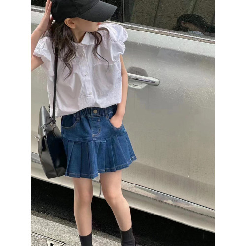 波拉韓童裝女童白色泡泡袖襯衫2025夏裝兒童短袖襯衣中大童上衣潮
