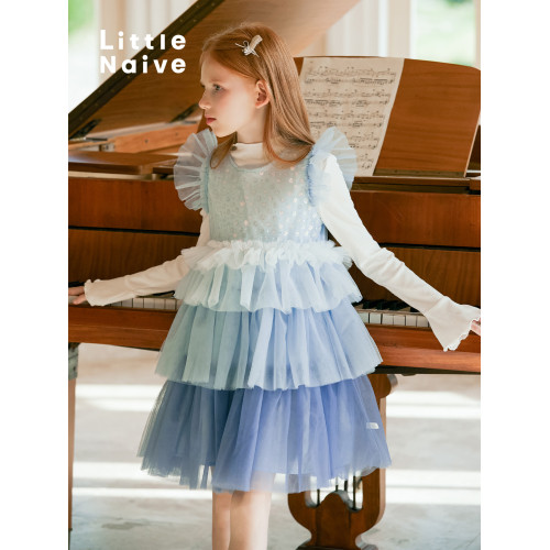 LittleNaive兒童禮服無袖漸變亮片網紗公主裙女童蛋糕連衣裙夏季
