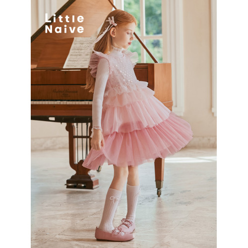LittleNaive兒童禮服無袖漸變亮片網紗公主裙女童蛋糕連衣裙夏季