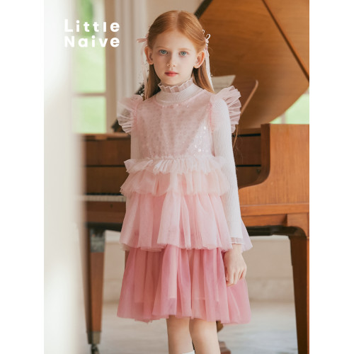 LittleNaive兒童禮服無袖漸變亮片網紗公主裙女童蛋糕連衣裙夏季