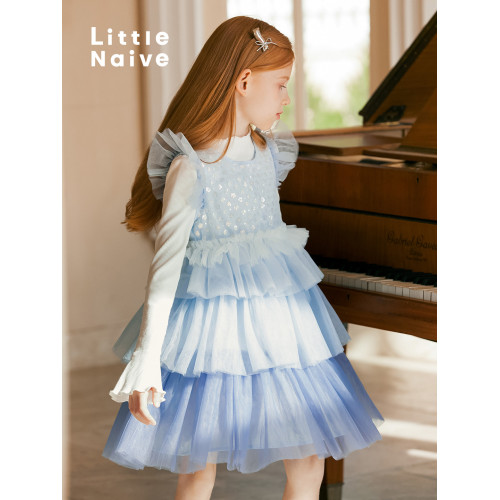 LittleNaive兒童禮服無袖漸變亮片網紗公主裙女童蛋糕連衣裙夏季