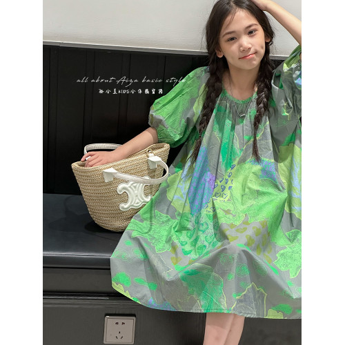 韓國童裝水墨畫女童短袖連衣裙2025夏裝新款兒童夏天氣質女孩裙子