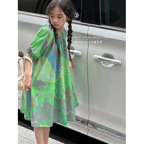 韓國童裝水墨畫女童短袖連衣裙2025夏裝新款兒童夏天氣質女孩裙子