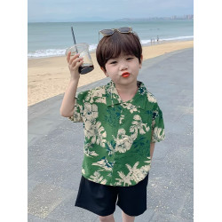 兒童花襯衫夏季薄款短袖2024新款痞帥男童衣服港風洋氣男孩襯衣潮