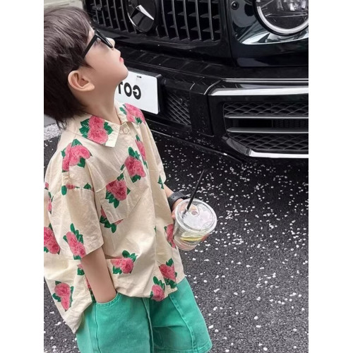 兒童花襯衫夏季薄款短袖2024新款痞帥男童衣服港風洋氣男孩襯衣潮
