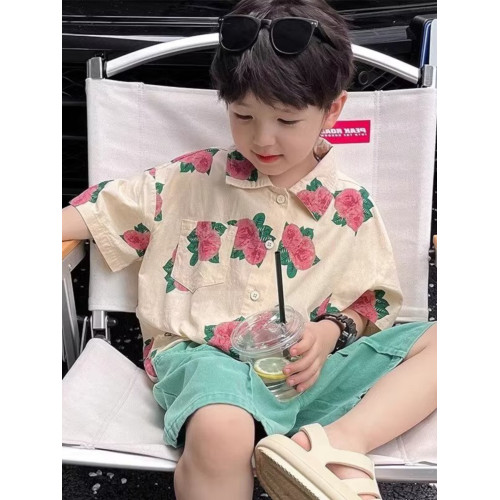 兒童花襯衫夏季薄款短袖2024新款痞帥男童衣服港風洋氣男孩襯衣潮