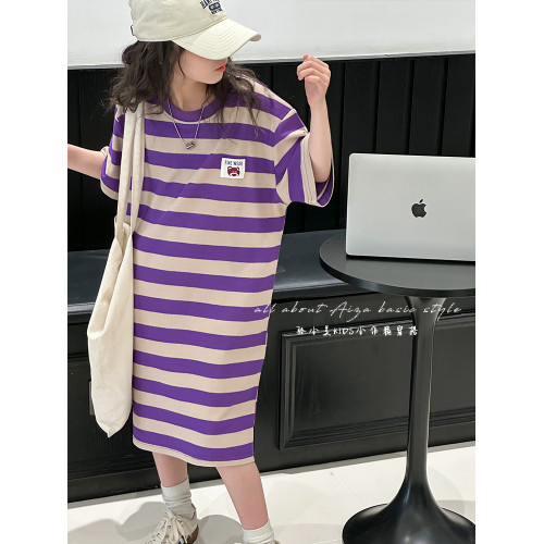 女童夏季連衣裙2025新款中長款短袖T恤裙子韓版寬鬆t女孩條紋上衣