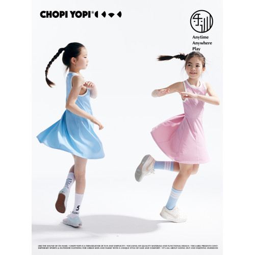 chopiyopi童裝 女童網球連衣裙夏季新款鑲邊圓領兒童收腰連衣裙