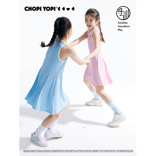 chopiyopi童裝 女童網球連衣裙夏季新款鑲邊圓領兒童收腰連衣裙