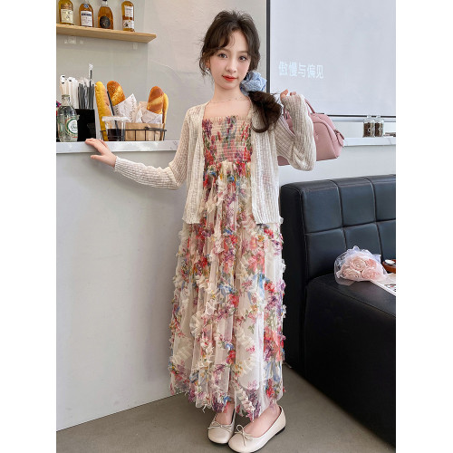 女童夏裝連衣裙2025新款時髦大童女孩碎花超仙公主沙灘海邊長裙潮