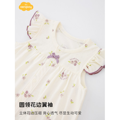 Aengbay嬰兒夏季連體衣洋氣女寶外出短袖哈衣爬服新生兒衣服夏裝