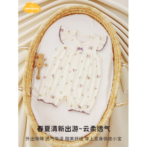 Aengbay嬰兒夏季連體衣洋氣女寶外出短袖哈衣爬服新生兒衣服夏裝
