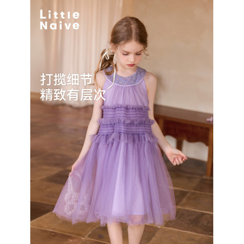 Little Naive女童珠片連衣裙夏季新款打攬甜美裙子兒童公主背心裙