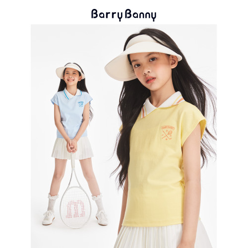 BarryBanny女童運動polo衫夏季新款兒童翻領純色簡約短袖T恤上衣