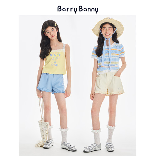 BarryBanny女童萊賽爾短褲2025夏季新款兒童休閒褲中大童花邊褲子
