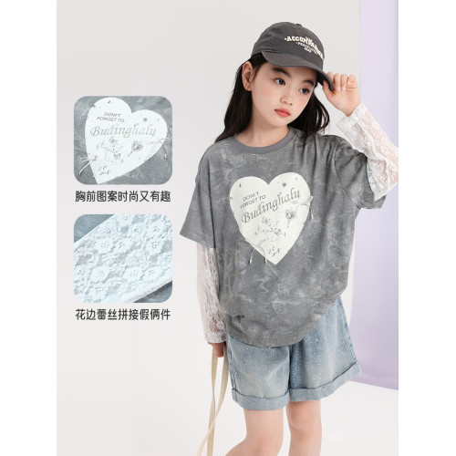 布丁哈魯童裝夏裝女童假兩件短袖2026夏新款兒童百搭甜酷花邊T恤