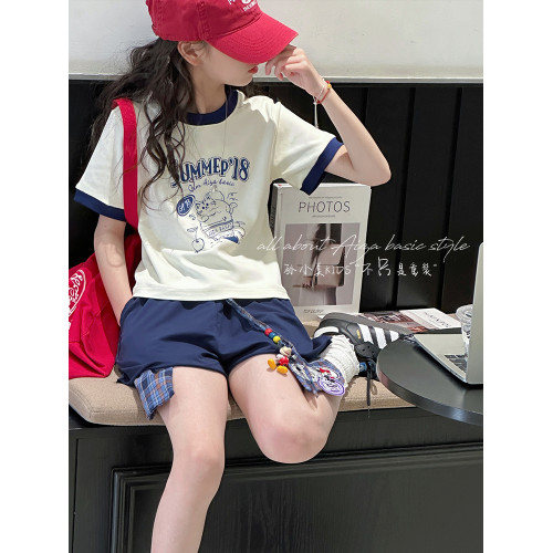 孫小美kids 拼色女童短袖T恤夏裝兒童上衣2025新款大童修身衣服t