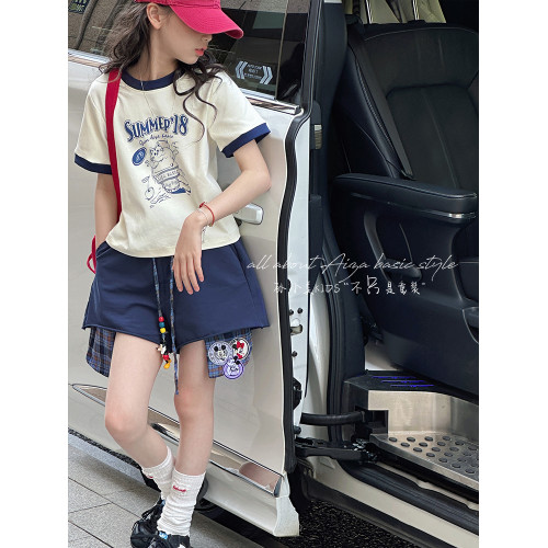 孫小美kids 拼色女童短袖T恤夏裝兒童上衣2025新款大童修身衣服t