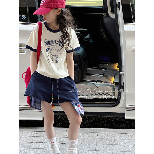 孫小美kids 拼色女童短袖T恤夏裝兒童上衣2025新款大童修身衣服t