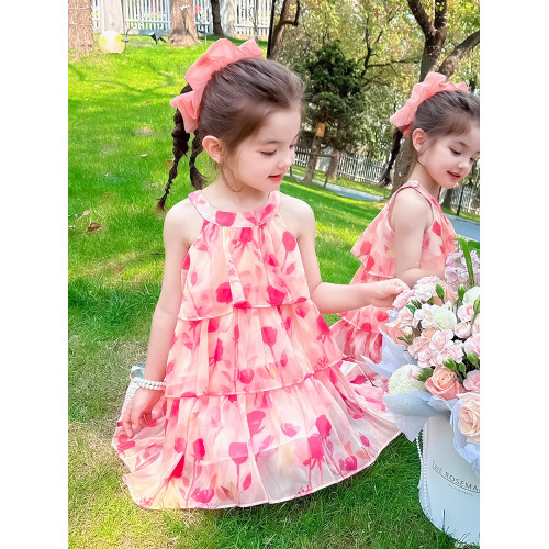 女童夏季無袖連衣裙2025新款兒童掛脖裙子女寶公主夏款吊帶裙紗裙