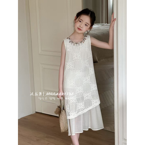 波拉韓女童無袖連衣裙夏季2025新款兒童波西米亞背心裙女孩長裙子