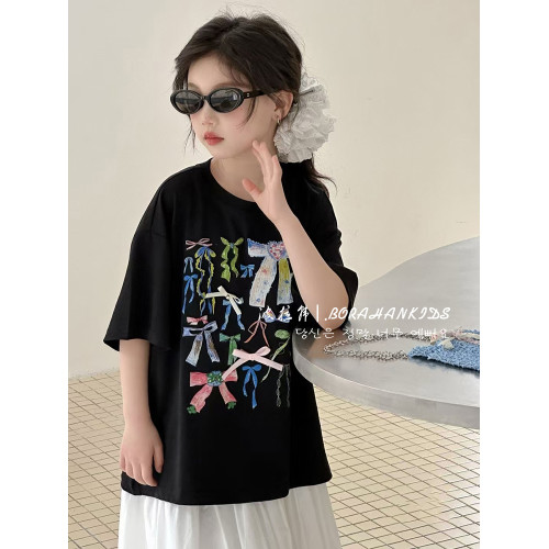 波拉韓女童夏裝短袖兒童印花T恤2025新款小女孩甜美體恤夏季半袖t