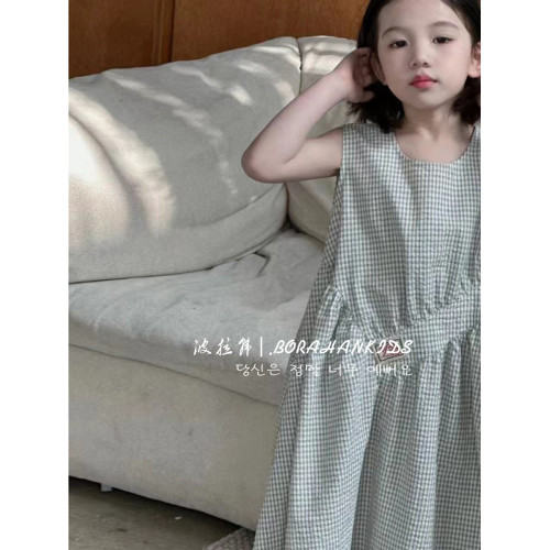 波拉韓國童裝女童格子連衣裙2025夏裝小女孩無袖背心裙兒童公主裙