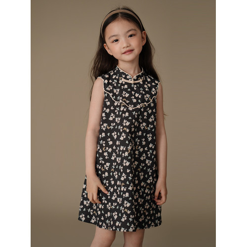 哈齒童裝夏季兒童碎花連衣裙女童新中式背心裙女孩夏裝簡約高級感