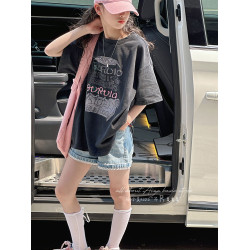 孫小美kids 磨損塗鴉女童短袖T恤兒童上衣2025新款夏裝大童半袖t