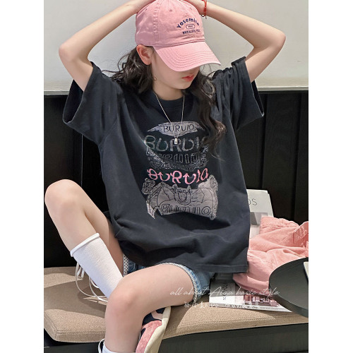 孫小美kids 磨損塗鴉女童短袖T恤兒童上衣2025新款夏裝大童半袖t