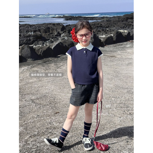 【布丁】藍小爸童裝女童拼接針織親子背心夏季新款POLO衫無袖上衣