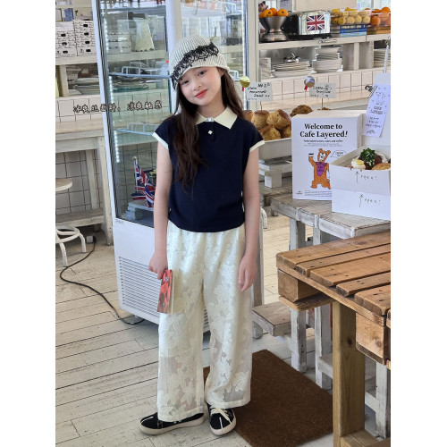 【布丁】藍小爸童裝女童拼接針織親子背心夏季新款POLO衫無袖上衣