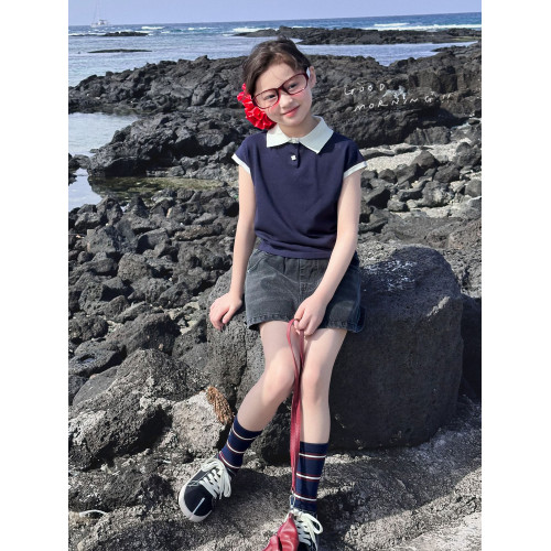 【布丁】藍小爸童裝女童拼接針織親子背心夏季新款POLO衫無袖上衣