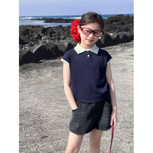 【布丁】藍小爸童裝女童拼接針織親子背心夏季新款POLO衫無袖上衣
