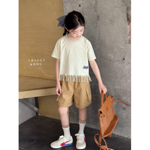 【流蘇T】藍小爸童裝女童設計感短袖夏季新款時尚兒童洋氣流蘇T恤