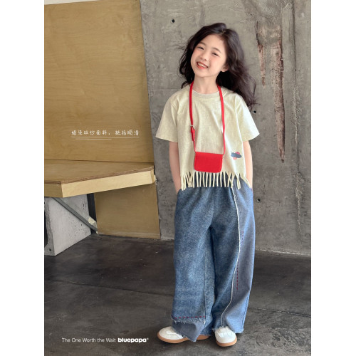 【流蘇T】藍小爸童裝女童設計感短袖夏季新款時尚兒童洋氣流蘇T恤