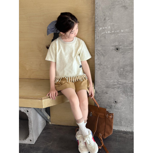 【流蘇T】藍小爸童裝女童設計感短袖夏季新款時尚兒童洋氣流蘇T恤