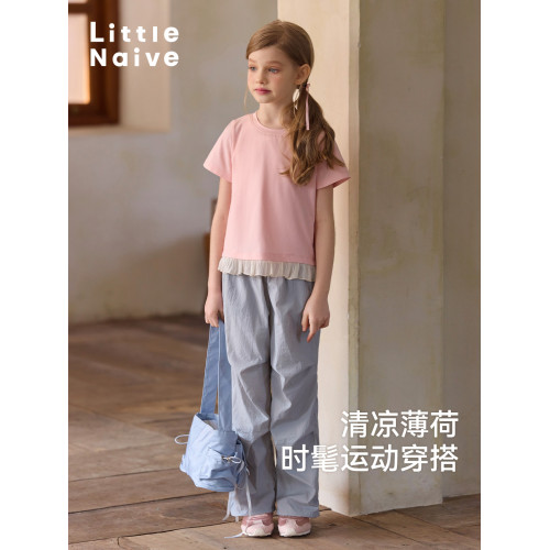 Little Naive女童夏季新款T恤光澤花邊寬松短袖兒童拼接涼感上衣
