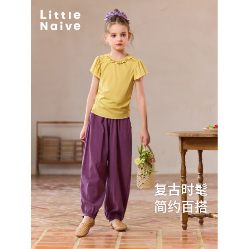 Little Naive兒童甜美t恤夏季新款木耳邊圓領上衣女童萊賽爾短袖