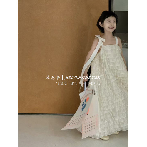 波拉韓女童蛋糕裙春夏新款2025小女孩吊帶連衣裙兒童公主裙長裙子