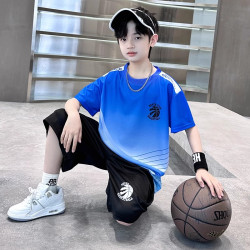 巴拉新品男童夏裝冰絲球衣運動服套裝中大童夏季短袖寬鬆速乾球服