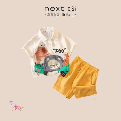 next tsi男童夏季時髦套裝小男孩卡通短袖POLO衫短褲痞帥兩件套