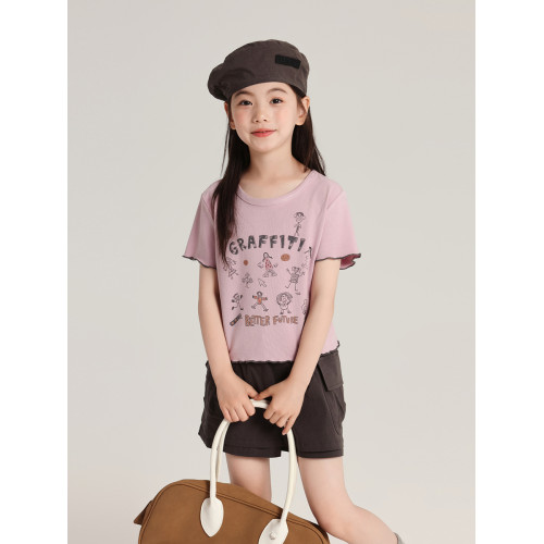 布丁哈魯童裝夏裝女童圓領短袖2026夏季新款兒童字母塗鴉短袖T恤