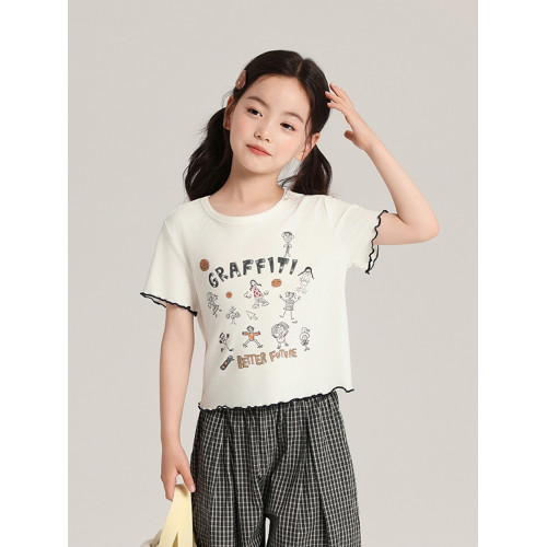 布丁哈魯童裝夏裝女童圓領短袖2026夏季新款兒童字母塗鴉短袖T恤